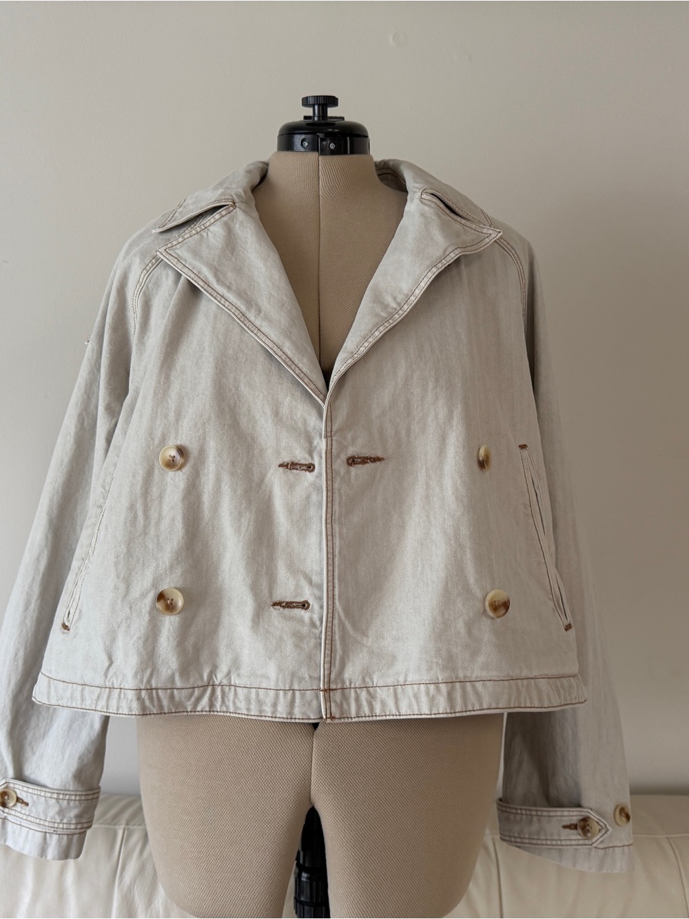 ZARA Beige Double-Breasted Cropped Denim Trench Coat Jacket Size S Oversized